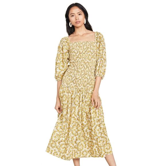 Rhode Resort Harper Smocked Long Sleeve Midi Dress Yellow Ditsy Floral Size S - Picture 1 of 14